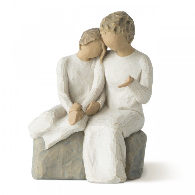 Faceless man and woman figurines sitting on rock wearing all white