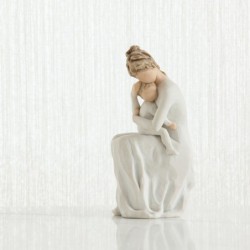 Mother figurine in white dress sitting down holding baby in her arms