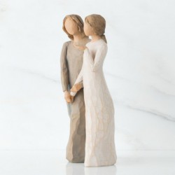 Two woman figurines standing side by side - left has brown dress on
