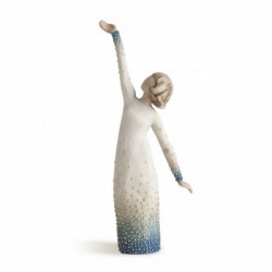 Woman figurine holding both her hands in different directions in white dress with blue on it embellished with crystals