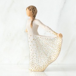 Brunette angel figurine in white dress with gold embellished diamonds