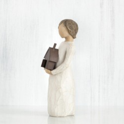 Little girl figurine holding brown bird house