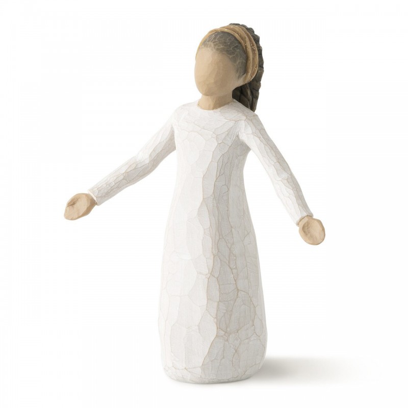 Brunette girl figurine in white dress with arms spread out