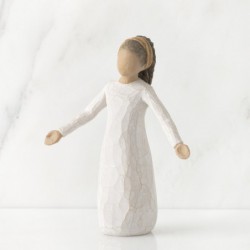 Brunette girl figurine in white dress with arms spread out