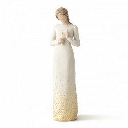 Faceless woman figurine wearing all white dress with her hands holding a candle