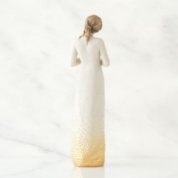 Faceless woman figurine wearing all white dress with her hands holding a candle