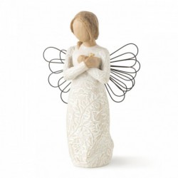 Angel figurine in white dress with black wire wings holding arms crossed on her chest