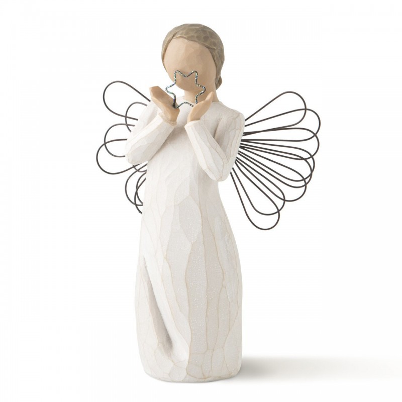 Angel figurine holding up blue sparkly star