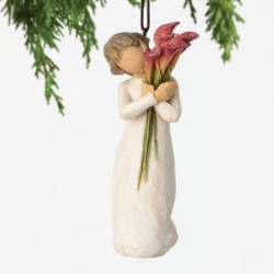  holding tall bouquet of fuchsia calla lilies. Hook and loop affixed to head