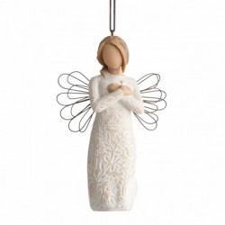Front view of figure in cream dress carved with symbols of nature with wire wings